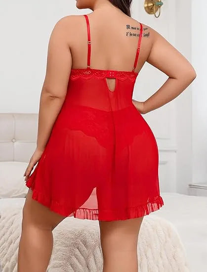 Plus Size Lace Lingerie V-Neck Open Front Chemise Sexive Nightdress