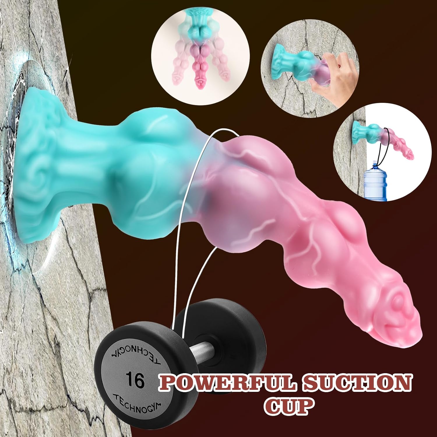 7.5-inch silicone fantasy knot dildo with strong suction cup base on wall