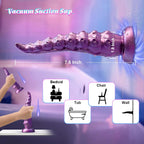 Fantasy Tentacle Vibrating Silicone Dildo with vacuum suction base, showing dimensions, ideal for versatile placement on surfaces.