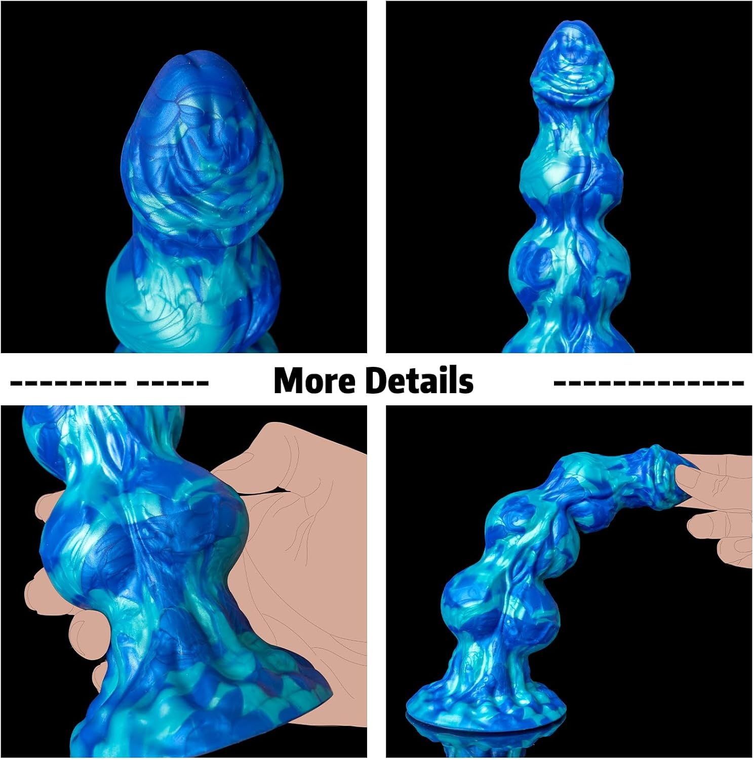 Thick Silicone Fantasy Knot Dildo with 3 knots displayed in multiple angles and colors for hands-free G-spot pleasure