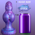 Thick Silicone Fantasy Knot Dildo displayed next to a can for size comparison, highlighting huge dimensions and weight of 0.97LB.