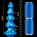 Thick Silicone Fantasy Knot Dildo with measurement details next to blue cans for size comparison.