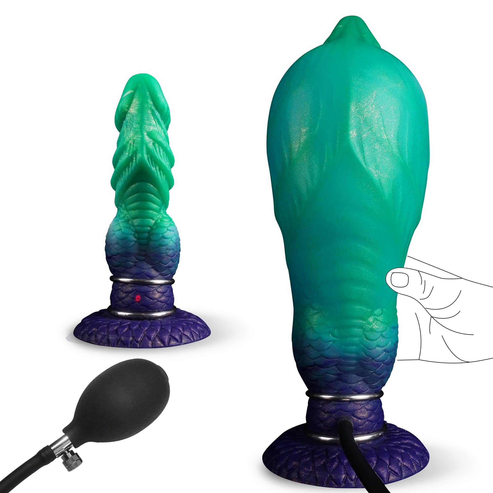 Inflatable fantasy dildo with adjustable girth tapered shape and suction base
