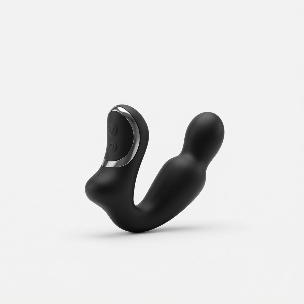 Black rotating vibrating prostate massager on a clean white background