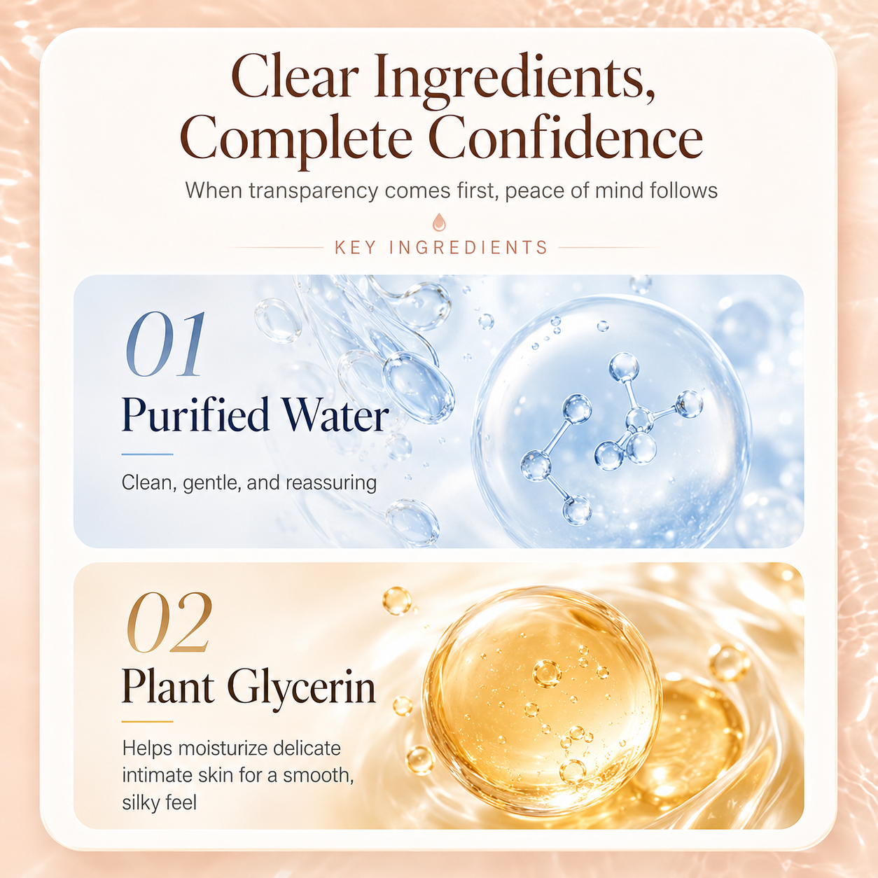 Peach Water-Based Personal Lubricant key ingredients - Purified Water and Plant Glycerin for gentle moisturizing and silky smooth feel