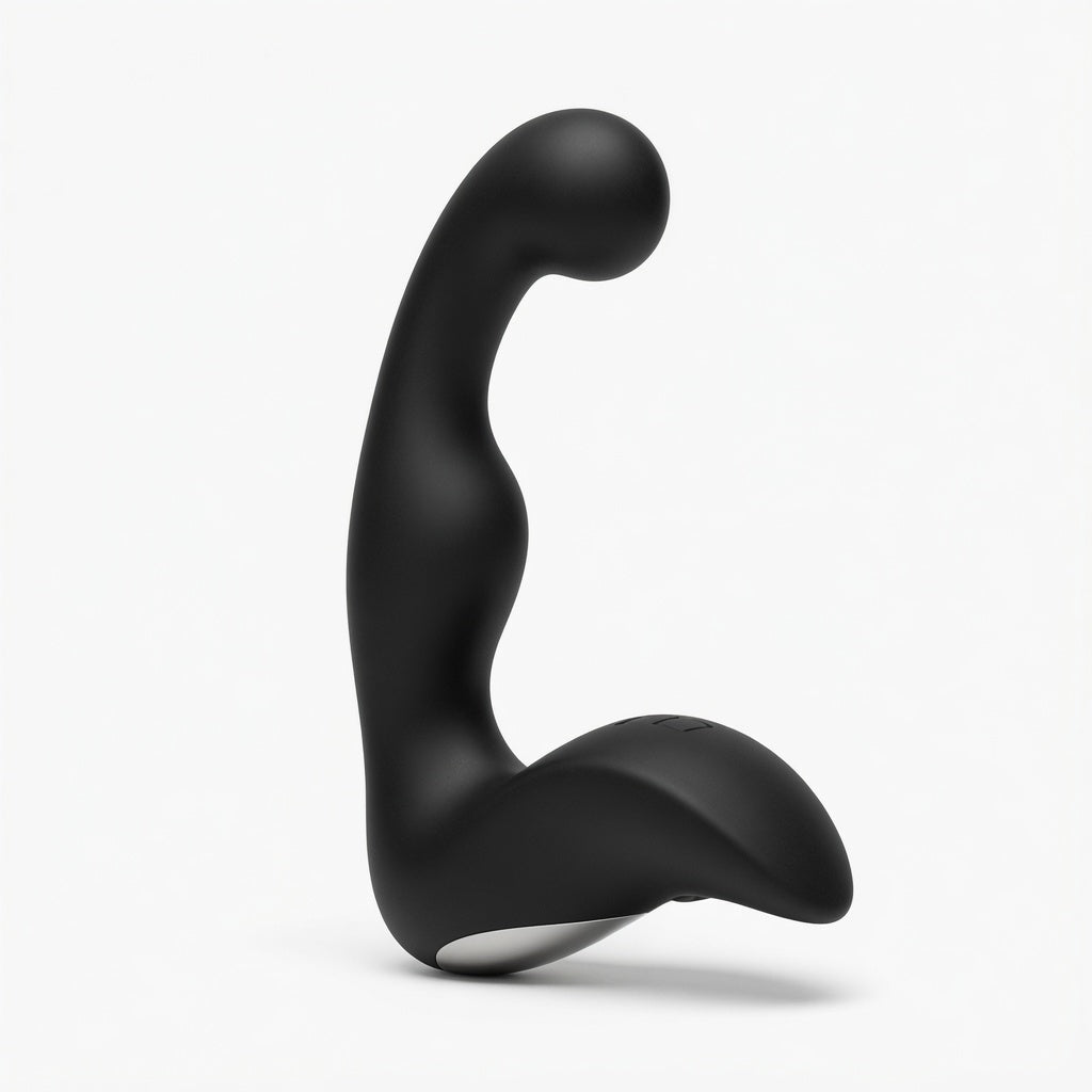 Black vibrating prostate massager on a clean white background