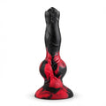 Black and red silicone ejaculating dildo on a clean white background