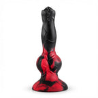 Black and red silicone ejaculating dildo on a clean white background