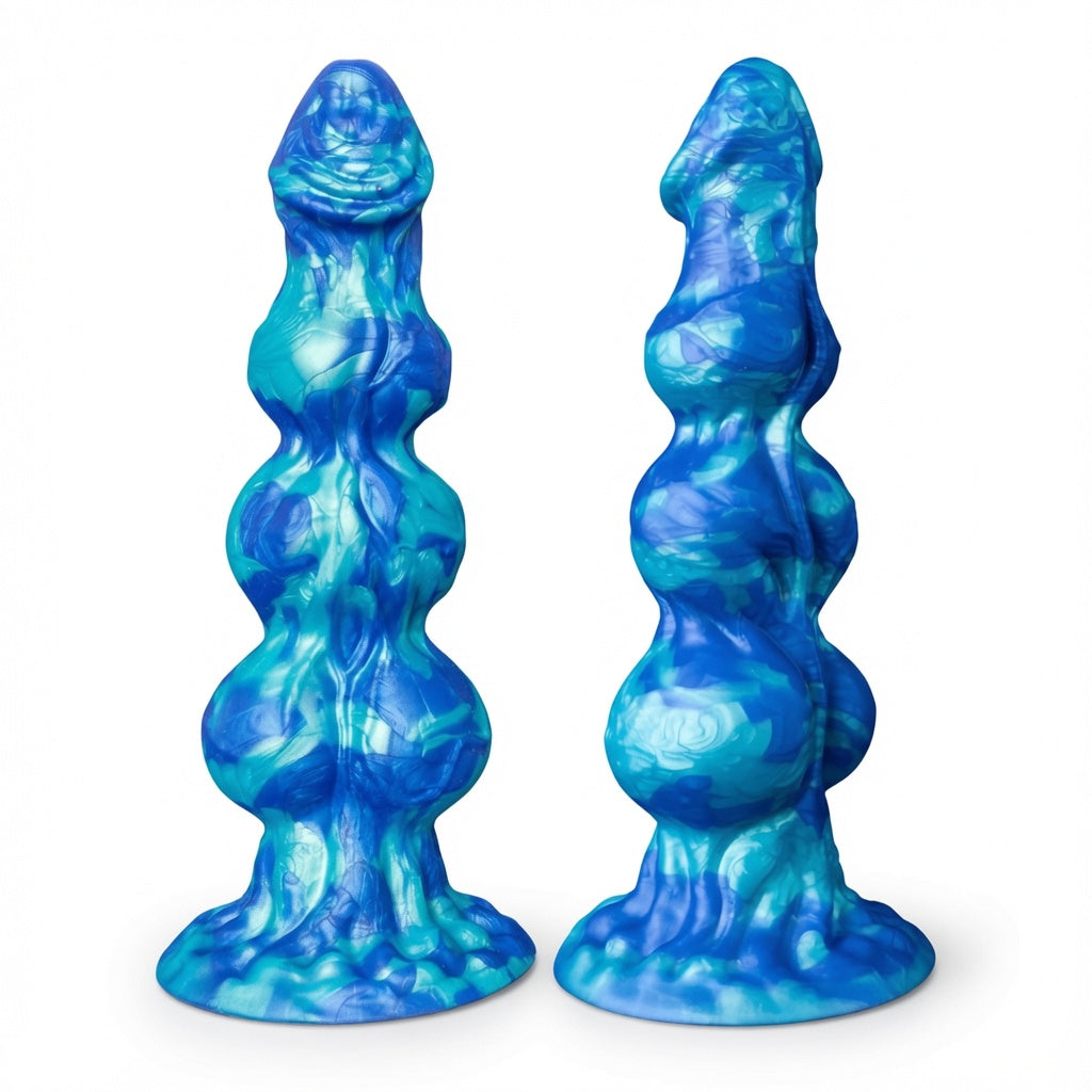 Blue XL three-knot silicone fantasy dildo on a clean white background