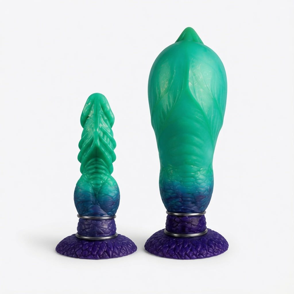 Green inflatable silicone fantasy dildo in two sizes on a clean white background