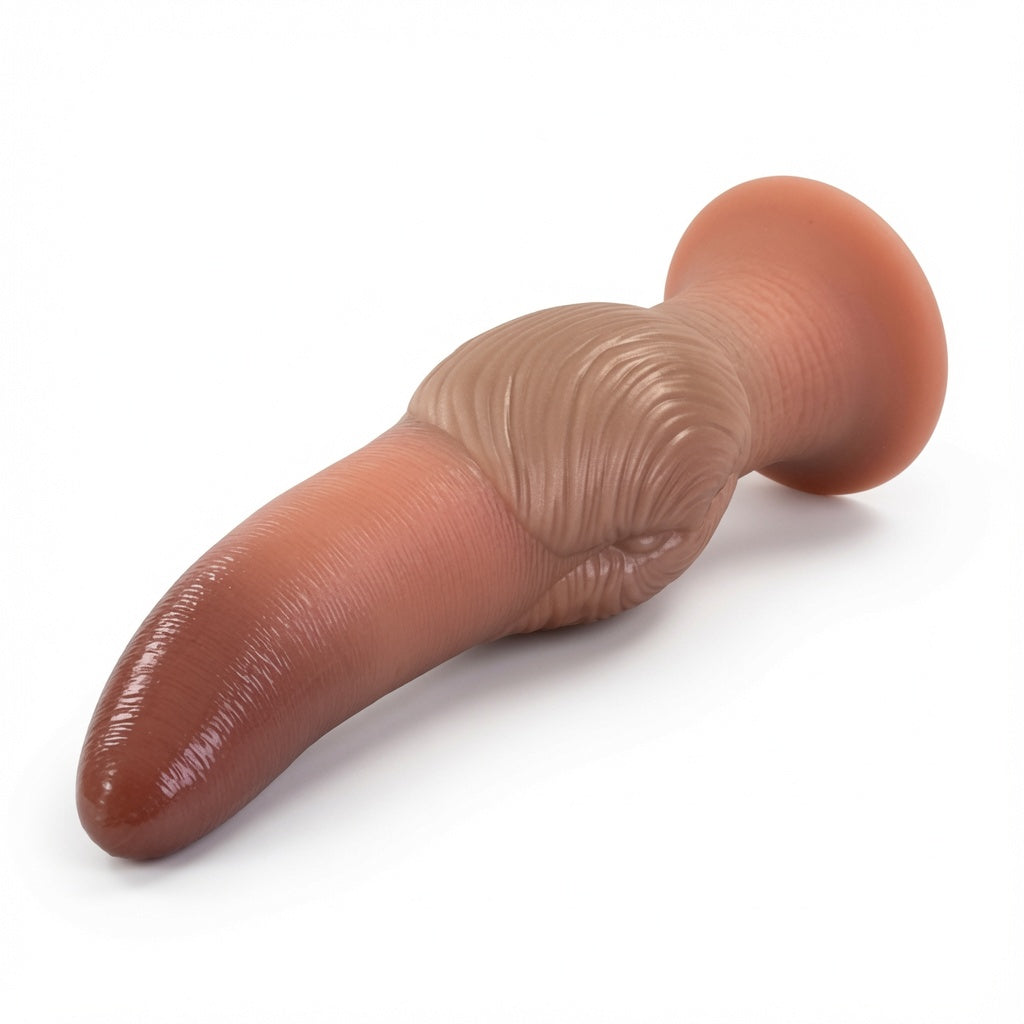 Brown XL silicone fantasy knot dildo on a clean white background
