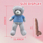Plush Teddy Bear Pillow Thrusting Dildo size display with measurements in inches for the plush teddy bear and dildo.