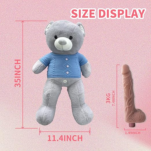 Plush Teddy Bear Pillow Thrusting Dildo size display with measurements in inches for the plush teddy bear and dildo.