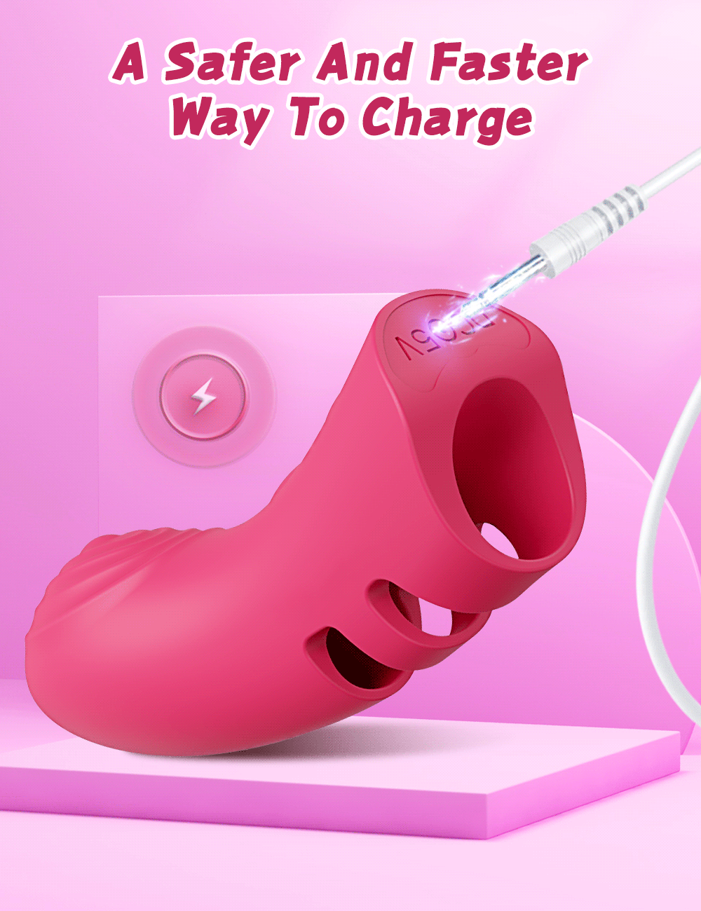 A close-up of the 10 Vibration Modes Heated Finger dildo charging with a glowing cable against a pink background.