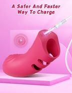 A close-up of the 10 Vibration Modes Heated Finger dildo charging with a glowing cable against a pink background.