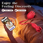 Rose Toy App Couple Vibrator shown with smartphone, highlighting quiet operation and silicone material for discreet enjoyment.