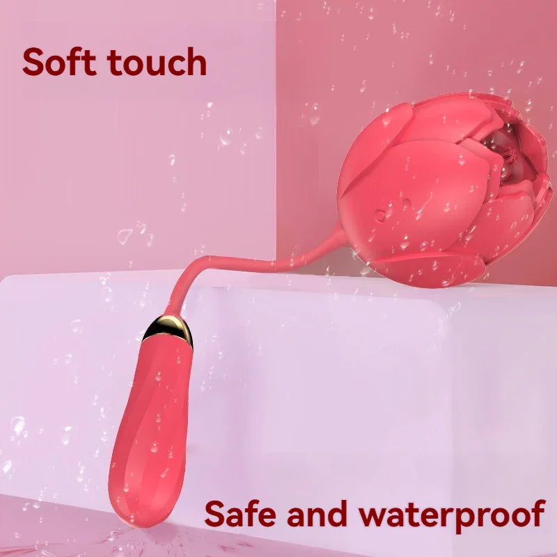 Pink silicone rose-shaped waterproof personal massager with text highlighting soft touch and safety.