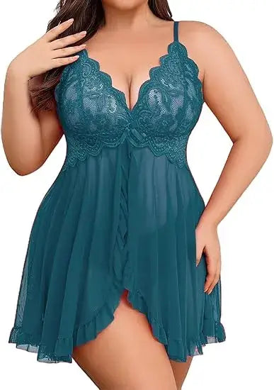 Plus Size Lace Lingerie V-Neck Open Front Chemise Sexive Nightdress