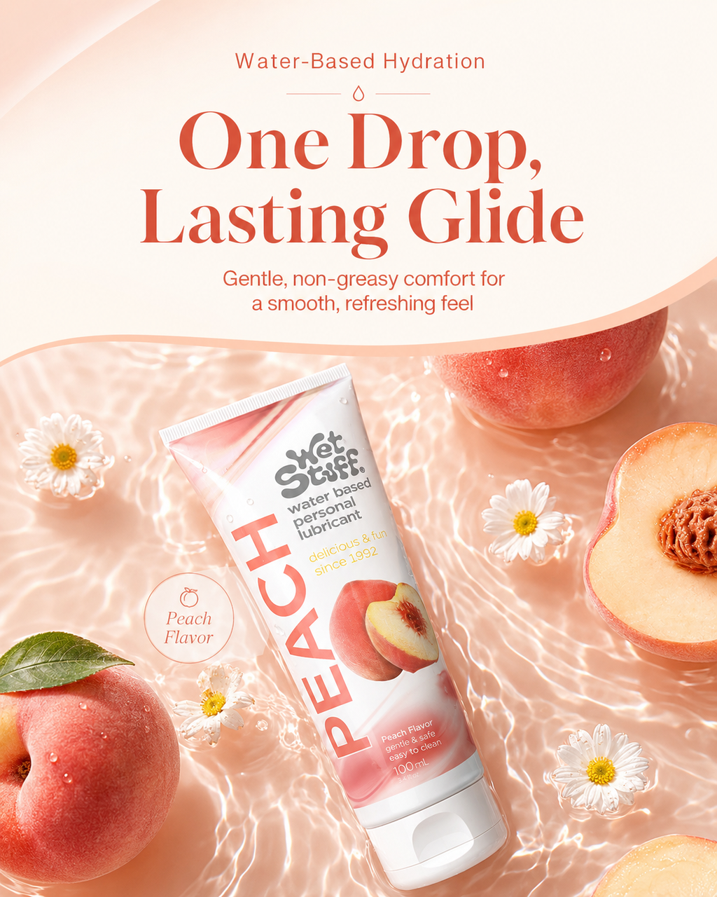 Peach Water-Based Personal Lubricant by Wet Stuff Australia - Sweet peach flavored silky smooth 100g tube with fresh peaches