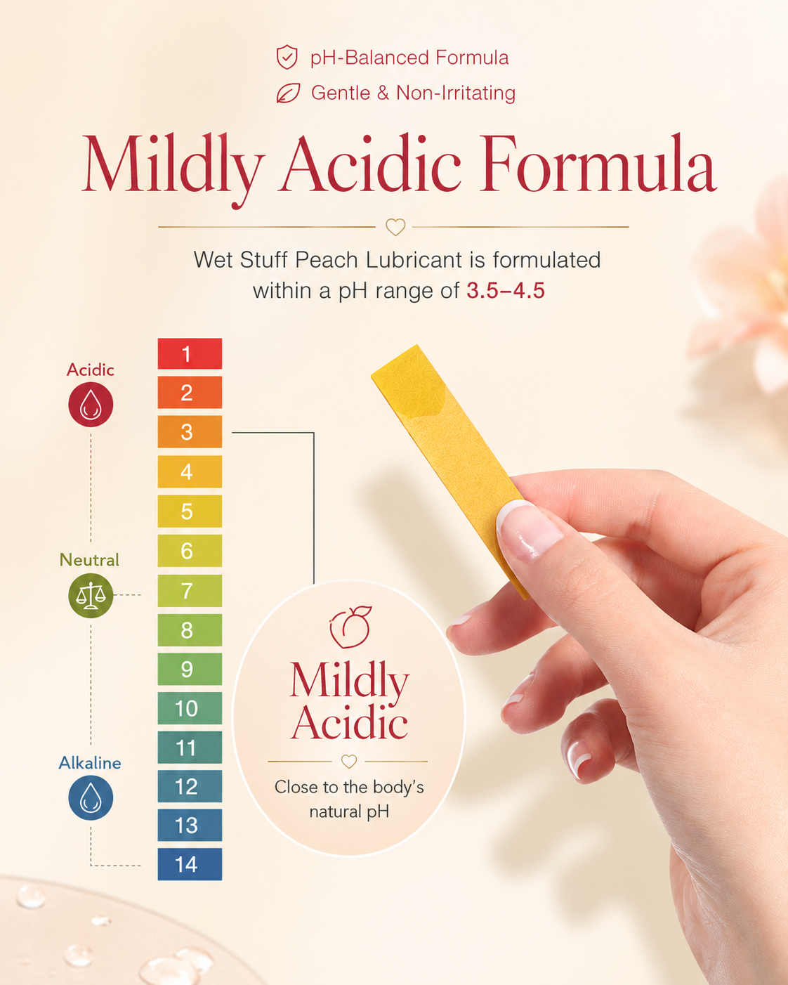 Peach Water-Based Personal Lubricant pH balanced formula - Mildly acidic pH 3.5-4.5 close to natural feminine balance