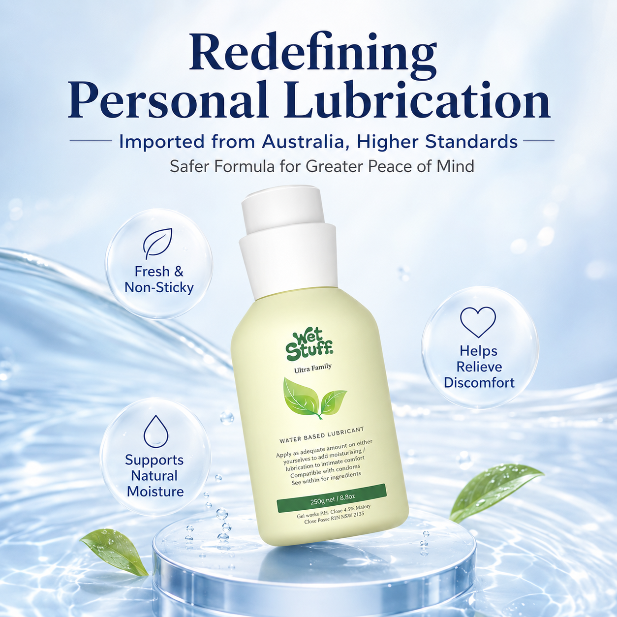 Wet Stuff 8.8oz pH Balanced Gentle Water-Based Lubricant in a water background with soothing graphics.