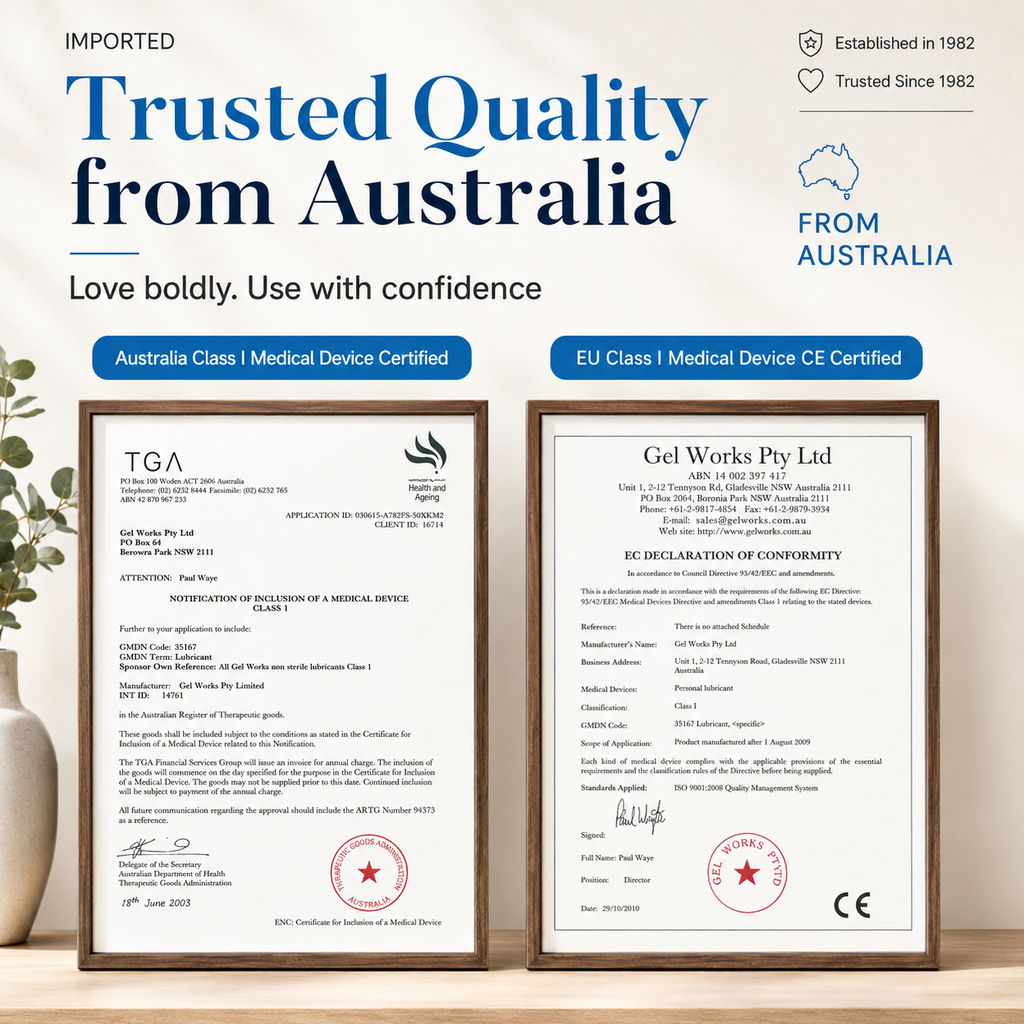 Wet Stuff Peach Water-Based Personal Lubricant - Australian TGA and EU CE Class I Medical Device Certifications, Trusted Quality from Australia since 1982