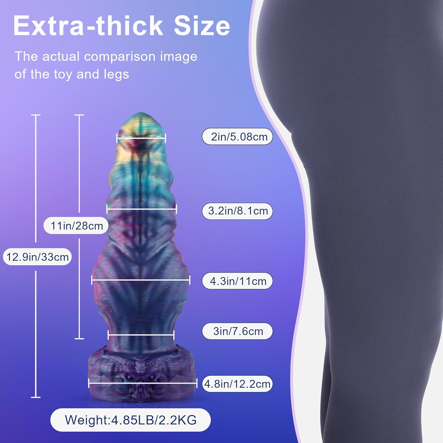 Oversized fantasy dildo dimension comparison showing changing width along the product