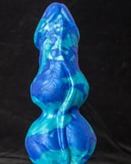 Thick Silicone Fantasy Knot Dildo with 3 Knots in vibrant blue and teal colors for hands-free G-spot pleasure.