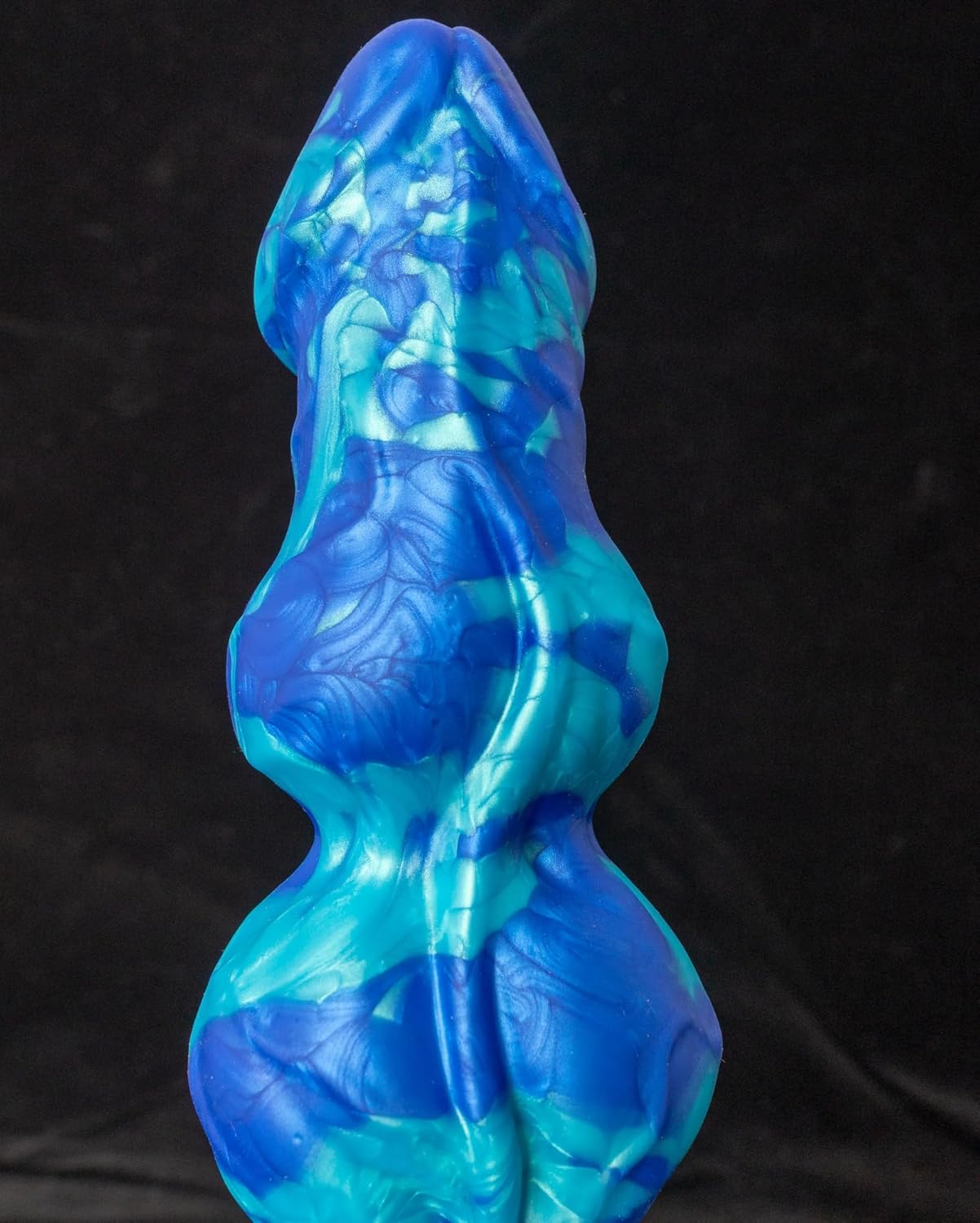 Thick Silicone Fantasy Knot Dildo with 3 Knots in vibrant blue and teal colors for hands-free G-spot pleasure.