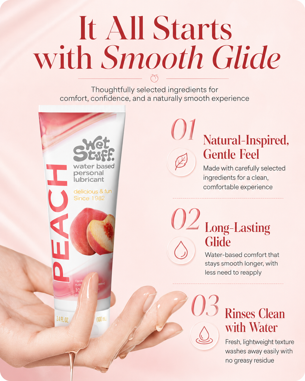 Peach Water-Based Personal Lubricant being squeezed onto hand showing silky smooth texture - Wet Stuff Peach Flavored Lubricant