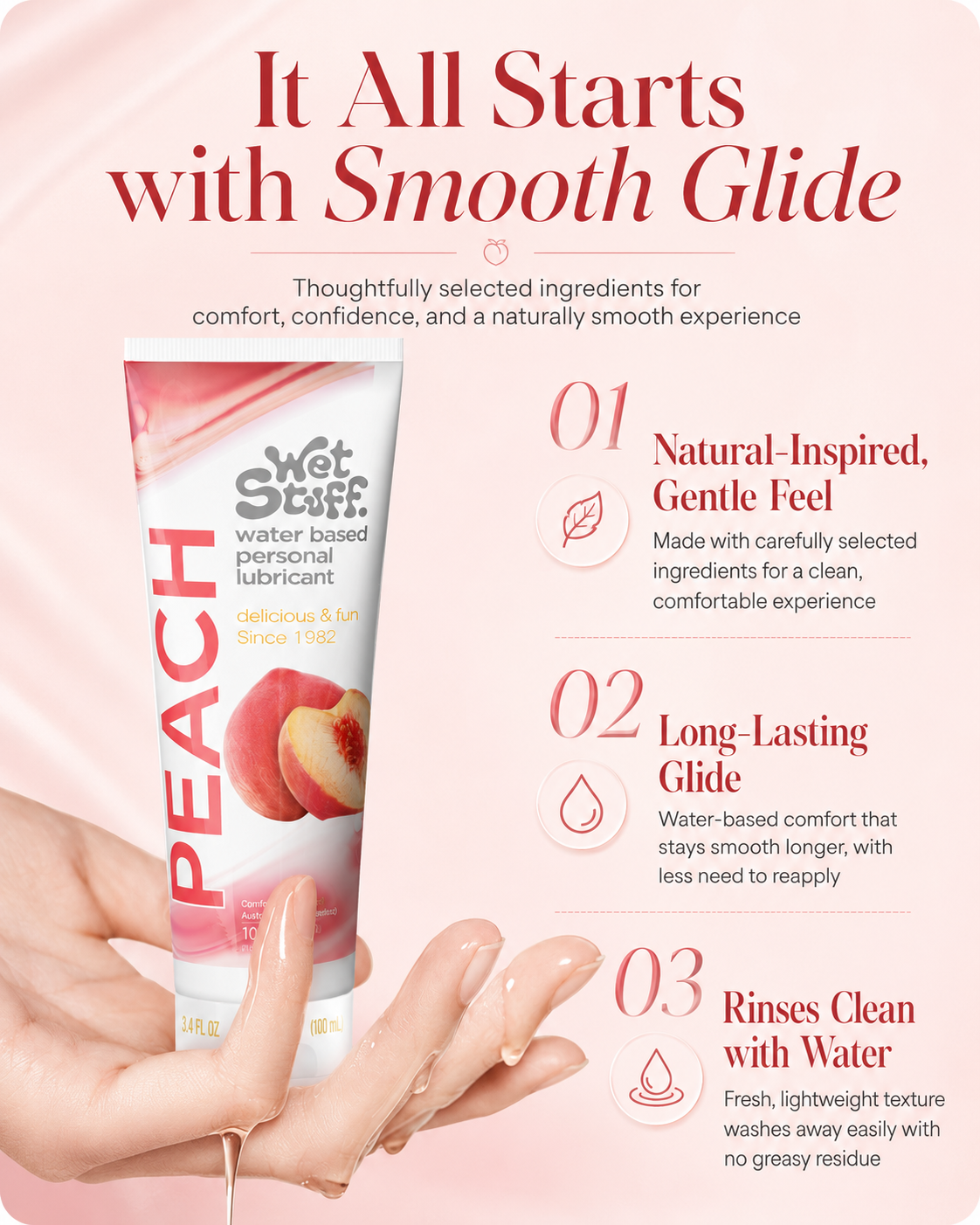 Peach Water-Based Personal Lubricant being squeezed onto hand showing silky smooth texture - Wet Stuff Peach Flavored Lubricant
