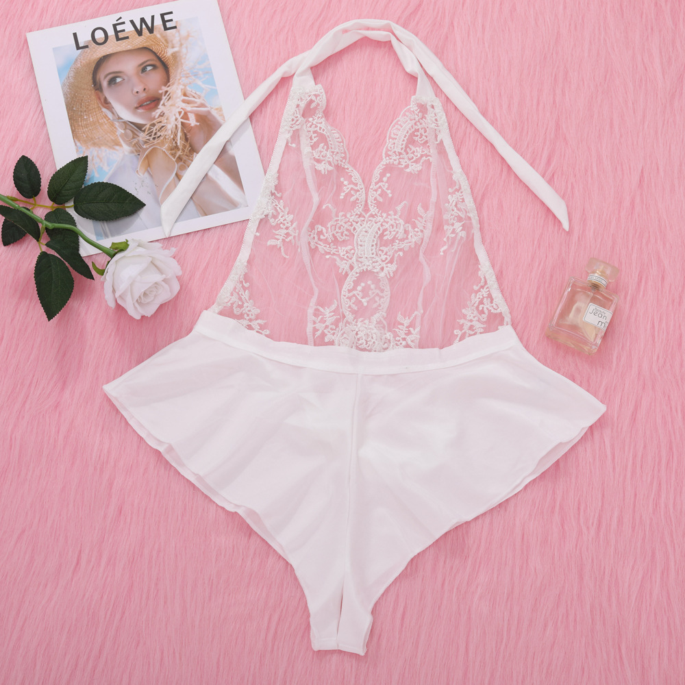 White sheer embroidered halter romper lingerie flat lay