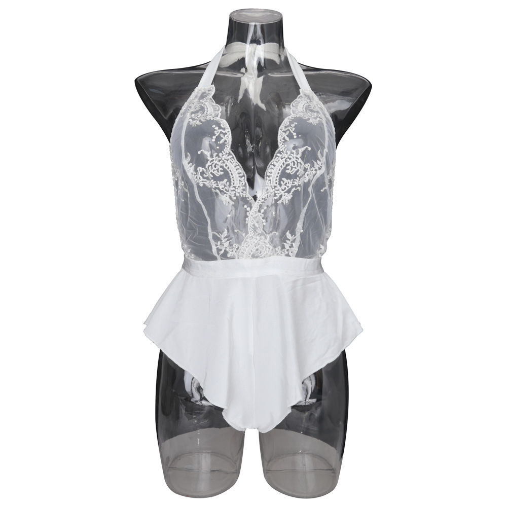 White embroidered halter romper front construction view