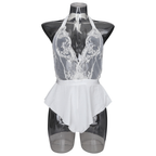 White embroidered halter romper front construction view