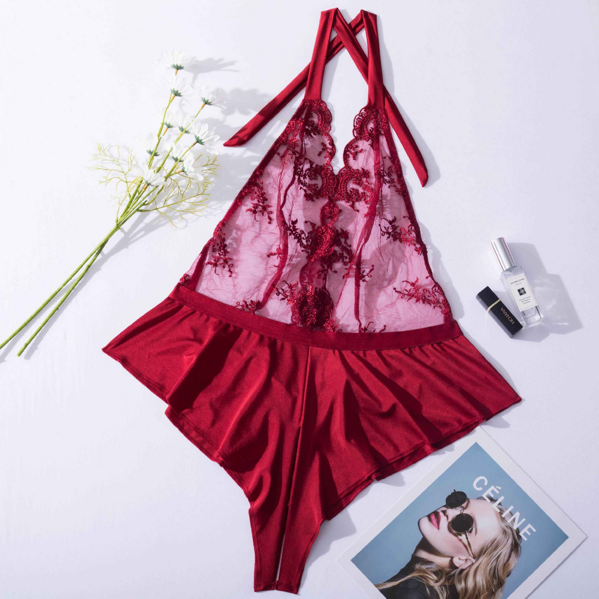 Wine red sheer embroidered halter romper lingerie flat lay