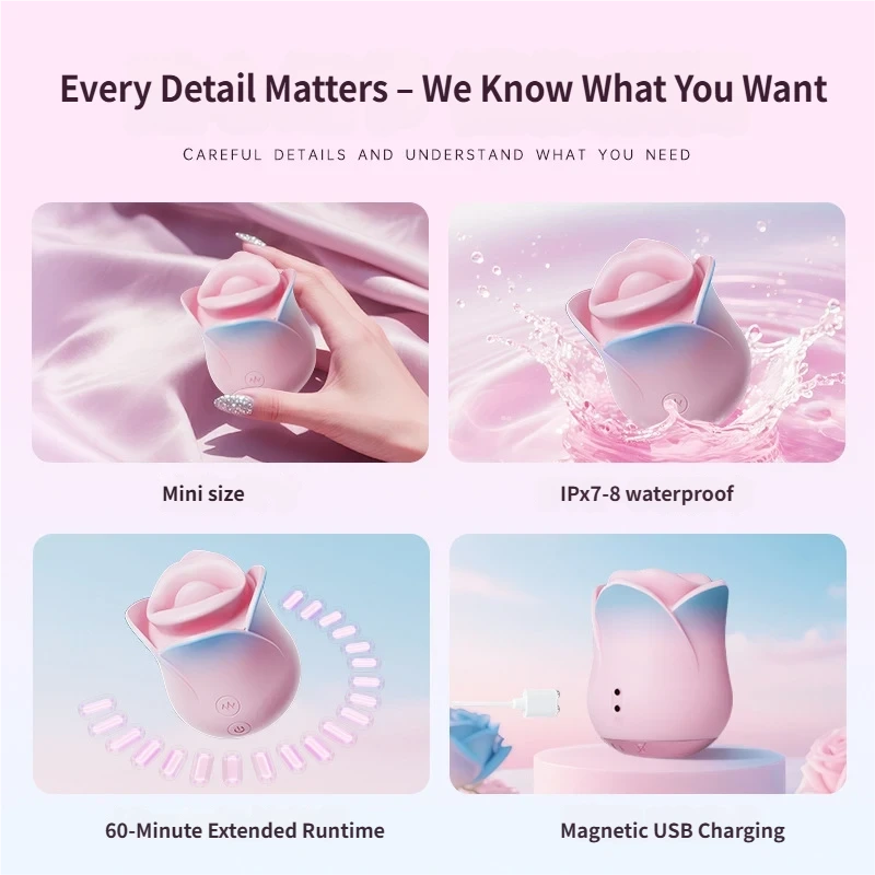 Pink Blue Rose Heated Tongue Clit Vibrator features mini size, waterproof design, extended runtime, and magnetic USB charging.