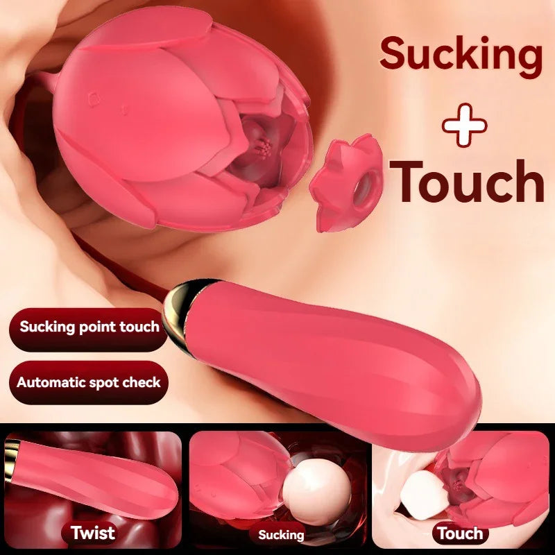 Pink rose-shaped adult toy with suction and touch features, shown with close-up and labeled function icons.
