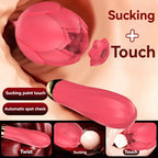 Pink rose-shaped adult toy with suction and touch features, shown with close-up and labeled function icons.
