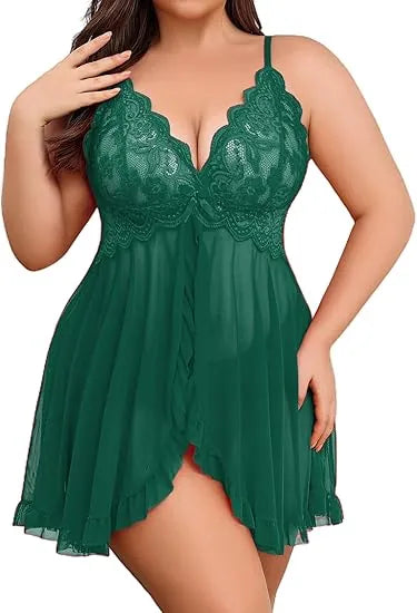 Plus Size Lace Lingerie V-Neck Open Front Chemise Sexive Nightdress