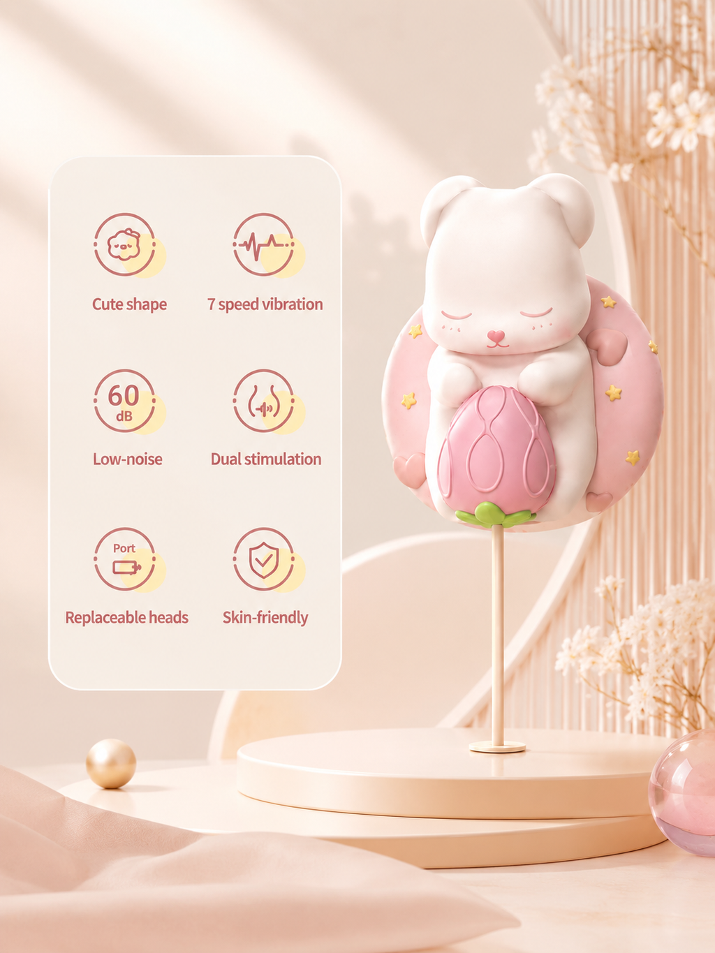 kawaii bunny vibrator feature display with cute shape and quiet modes