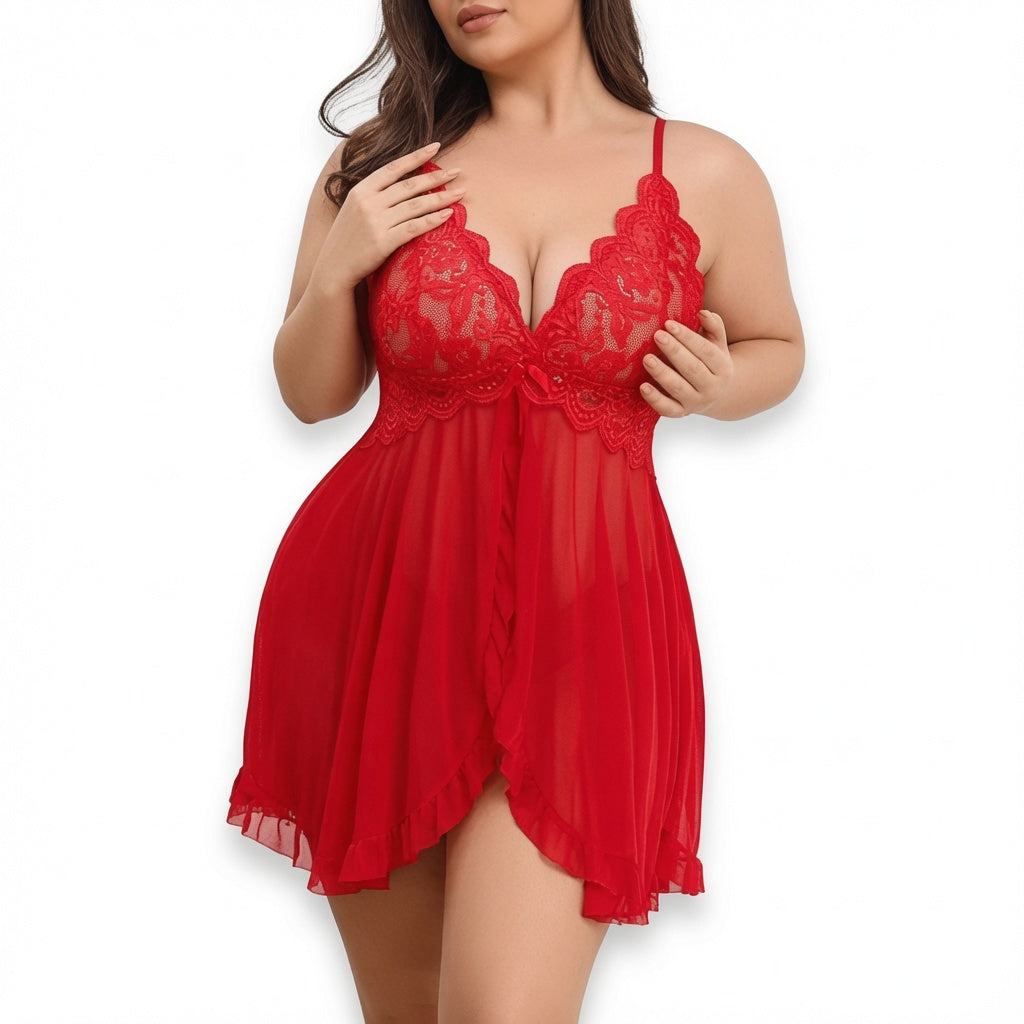 Plus Size Lace Lingerie V-Neck Open Front Chemise Sexive Nightdress