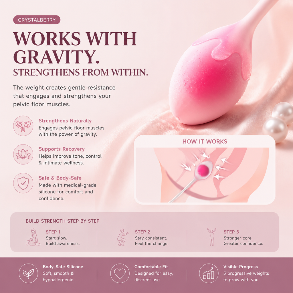 Strawberry Kegel balls with step-by-step pelvic floor training guide and benefits illustration