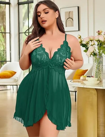 Plus Size Lace Lingerie V-Neck Open Front Chemise Sexive Nightdress