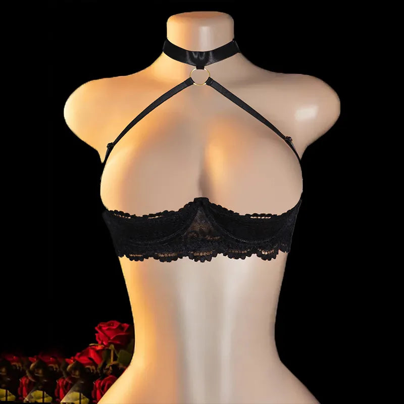 French Lace Quarter Cup Bra Sheer Embroidered Sexy Lingerie Push Up