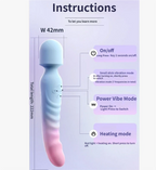 Instructions for blue pink gradient heating dildo wand showing vibration modes and heating feature.