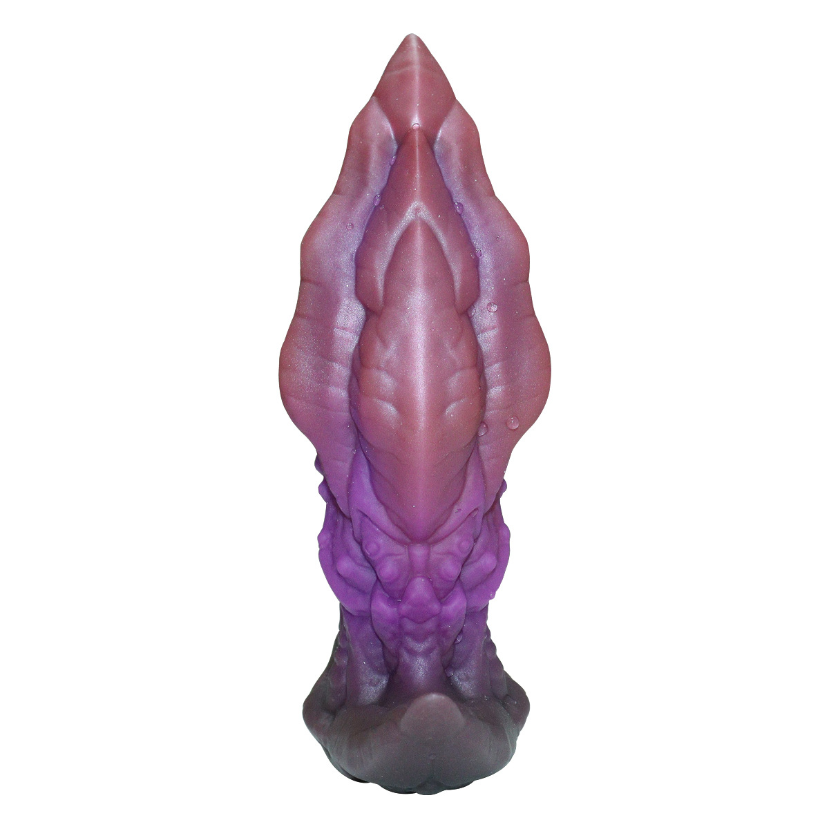 Front view of BlissEntry monster fantasy silicone dildo showing tapered head and purple textured body