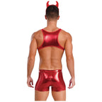 Male Sexy Tight Leather Bodysuit With Devil Horn Headpiece