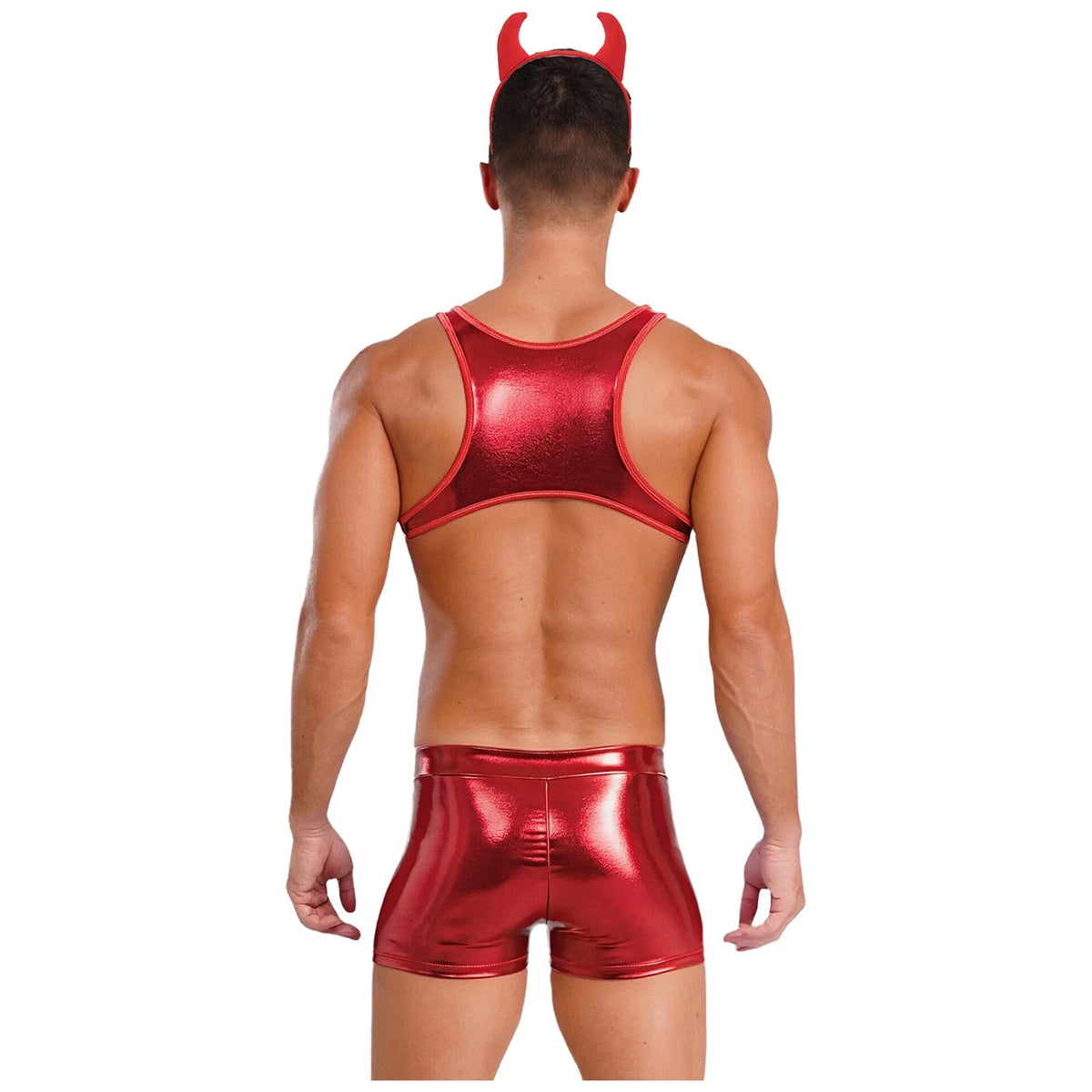 Male Sexy Tight Leather Bodysuit With Devil Horn Headpiece