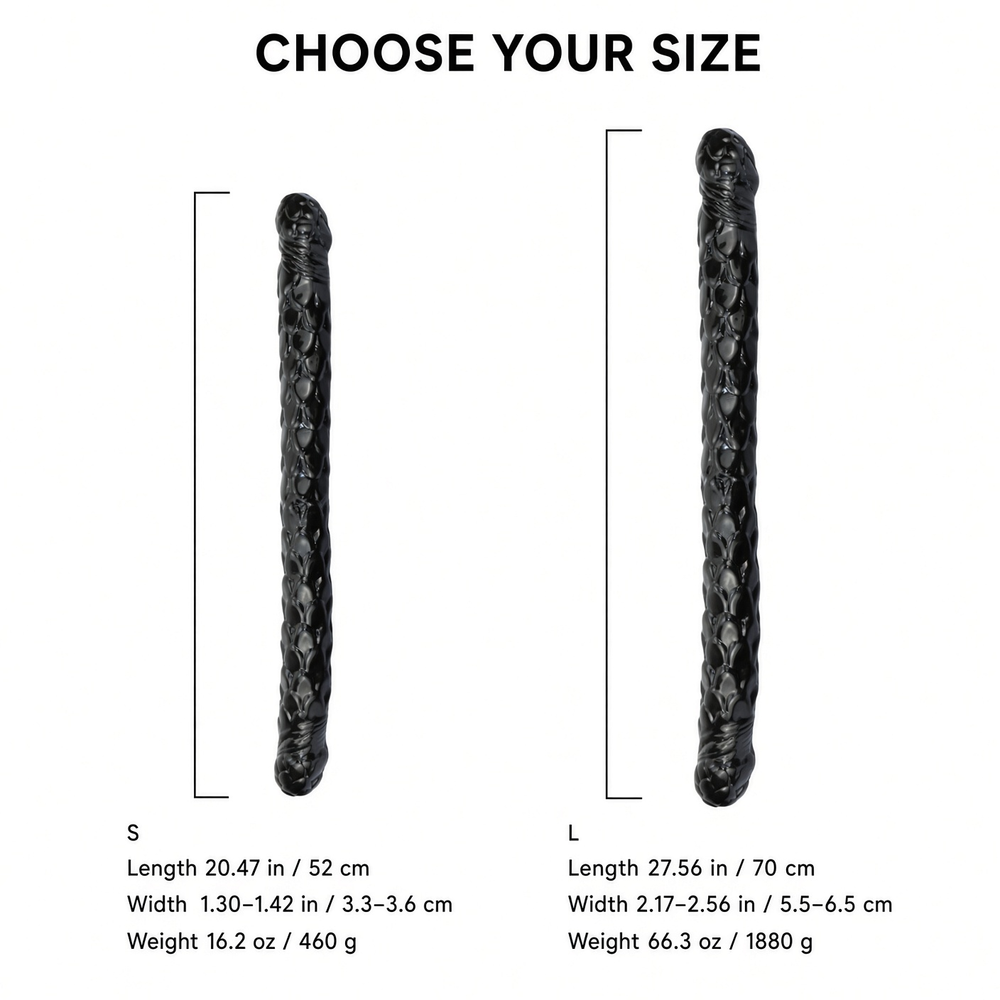 Black textured double-ended dildo size guide for S and L variants