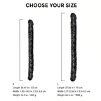 Black textured double-ended dildo size guide for S and L variants